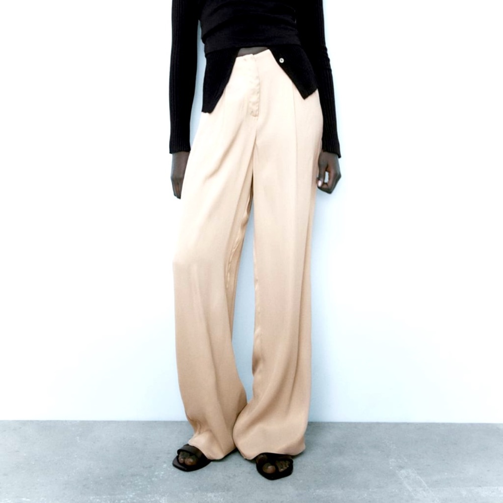 NWT Zara satin effect full length pants| zara high waisted front pleated pants